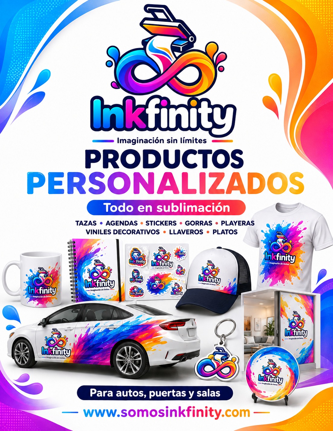 Productos personalizados INKFINITY: tazas, agendas, stickers, gorras, playeras, viniles, llaveros y platos